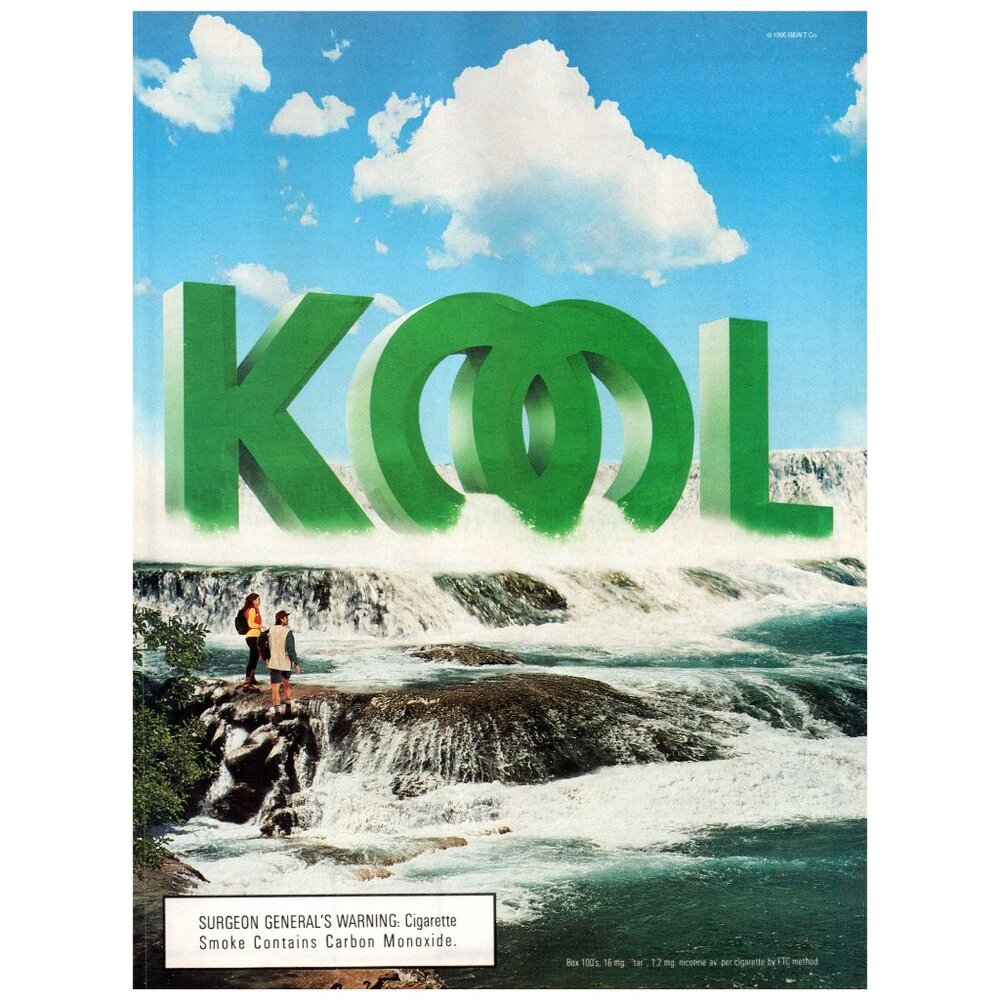 1996 Kool Cigarettes River Waterfall Vintage Print Ad Couple on Rocks Wall Art